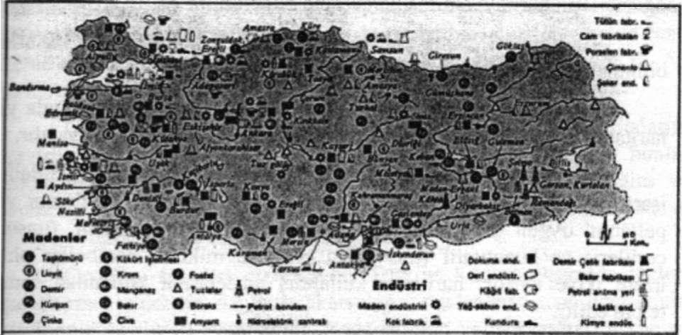 COĞRAFYA EĞİTİM VE ÖĞRETİMİNDE HARİTALARIN ÖNEMİ 19 Harita: 4 - Türkiye Maden ve Endüstri Haritası Ekonomik haritalarda temelde beşeri haritalar gibi hazırlanırken fiziki haritalardan faydalanılır.