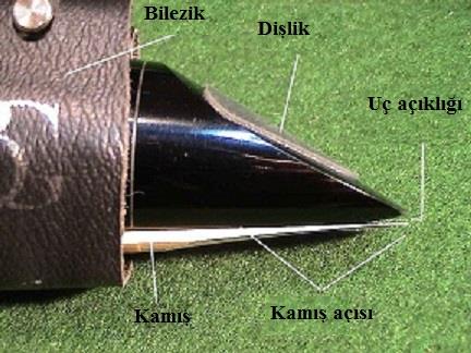 Kaya KILIÇ / Klarnet Ağızlıklarının Önemi ve Farklılıkları Resim 3. Ebonit Klarnet Ağızlığı Yan Açıdan Görünüş Resim 3'e bakıldığında, ağızlığın kamış ve bilezik ile birleştirildiği görülmektedir.