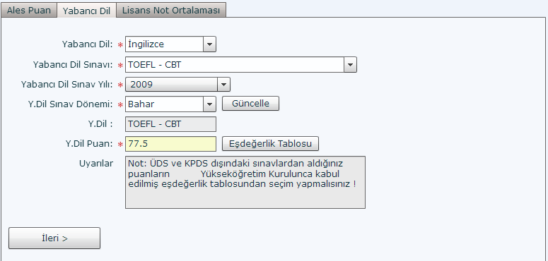 Yine aynı şekilde KPDS, ÜDS veya YDS bilgileri ilgili alanlar doldurulduktan sonra ÖSYM veritabanından çekilmektedir.