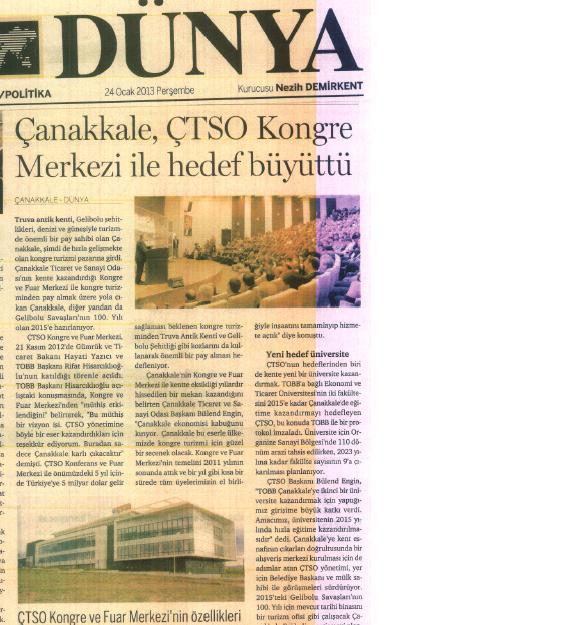 ÇTSO Kongre ve Fuar Merkezi ulusal basında tanıtıldı ÇTSO Kongre ve Fuar Merkezi ulusal basında yer alan haberle tanıtıldı.