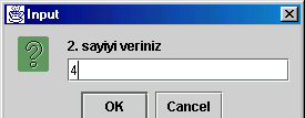 String sayi1, sayi2; int tamsayi1, tamsayi2, toplam, carpim, fark, kalan; float bolum; sayi1=joptionpane.showinputdialog("1.sayiyi veriniz"); sayi2=joptionpane.showinputdialog("2.