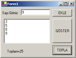 kisi(i, 1) = TextBox2.Text i = i + 1 Private Sub Button2_Click(ByVal sender As System.Object, ByVal e As System.EventArgs) Handles Button2.Click Dim k As Integer For k = 0 To i - 1 Next ListBox1.