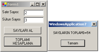 Dim SatirSayisi, SutunSayisi As Integer Dim i, j As Integer Dim toplam As Integer Private Sub Button1_Click(ByVal sender As System.Object, ByVal e As System.EventArgs) Handles Button1.