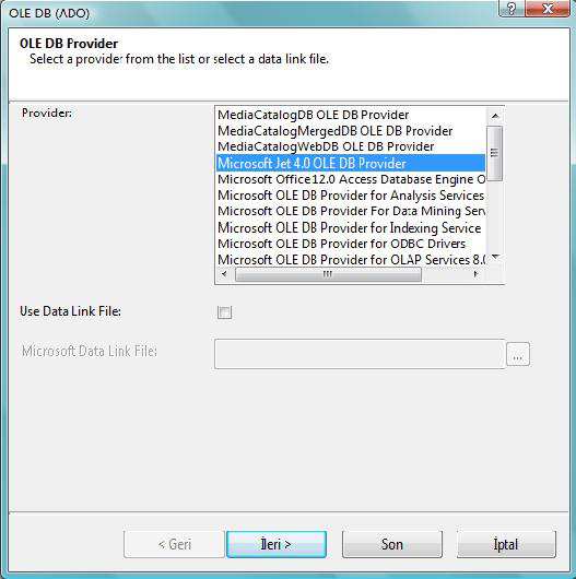 5)Bu pencerede Microsoft Jet 4.0 OLE DB Provider seçeneğini seçerek İleri butonuna tıklayın.