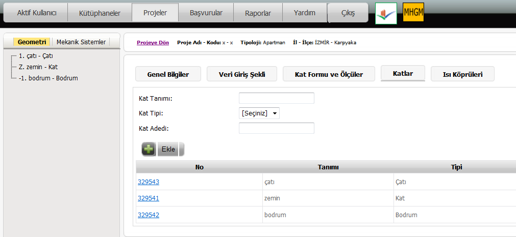 Bilgi girişini takiben yanıtlanan beş bölümdeki sorulardan sonra proje üzerinde veri girişi Geometri bölümünden