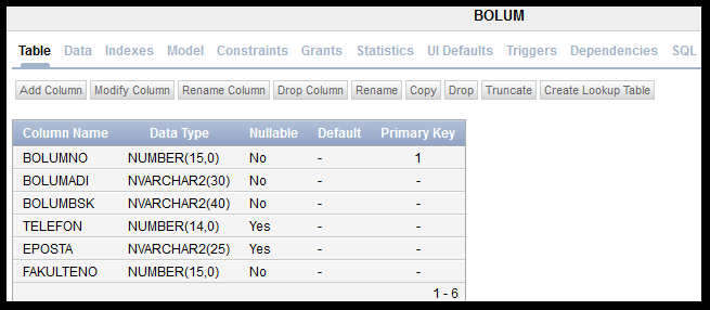 ġekġl 4.3. Bölüm Tablosu 4.2.4. Fakülte Tablosu Fakülte tablosu Oracle çalıģma alanında Object Browser ile yaratılırken özniteliklerdeki kısıtlamalar belirlendi.