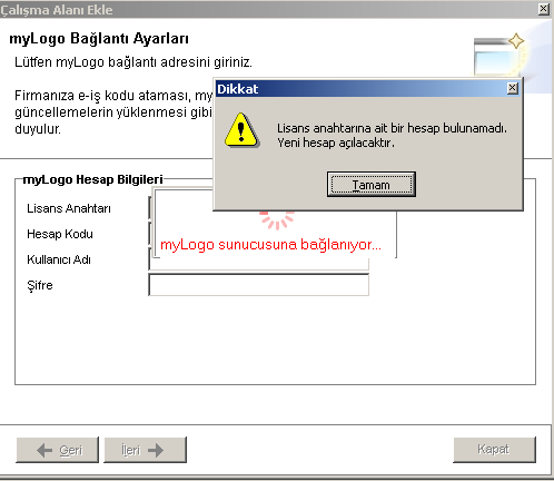 4. Lisans anahtarına ait daha önce mylogo hesabı tanımlanmamış ise hesap oluşturma