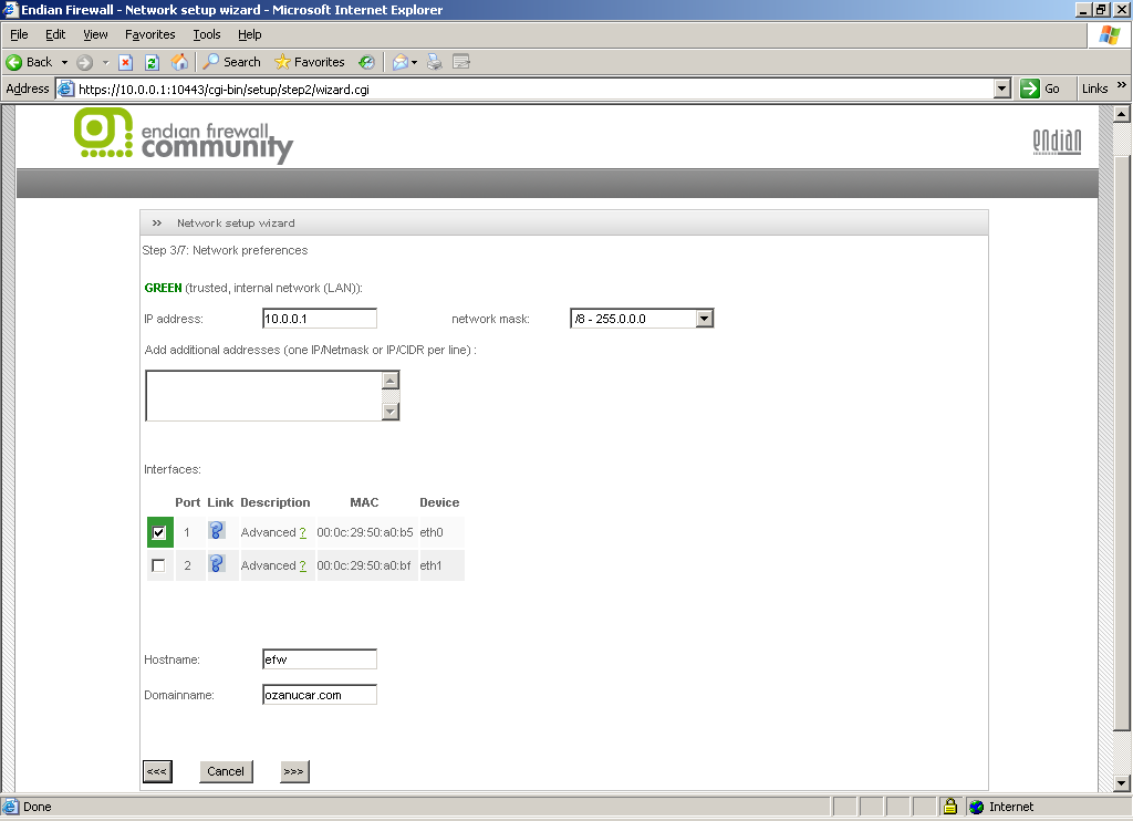 EFW kurulumu sırasında belirttiğimiz Green yani LAN ip adresi ayarlamaları bu