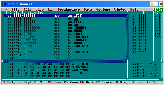 4 1 5 2 3 Turbo Debugger ekranı 5 bölümden oluşuyor. Şekildeki 1, 2 ve 3 nolu kısımlar hafızayı incelemek için kullanılırlar. 4. kısım mikroişlemci kaydedicilerini ve 5.