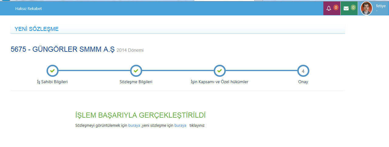 Sözleşme Bitir butonuna basılarak işlem başarıyla gerçekleştirilmiş olur.