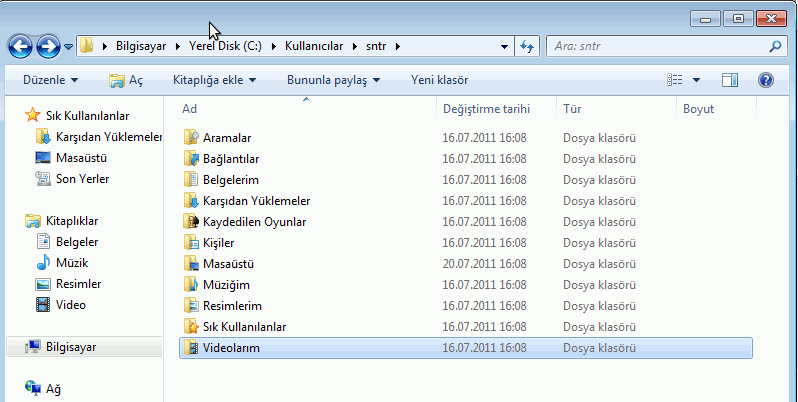 Benzer şekilde görüntü dosyaları için c:\kullanıcılar\kullanıcı\videolarım klasörü, internette gezinti yaparken bilgisayara indirilen dosyaların kaydedilmesi içinde c:\kullanıcılar\kullanıcı\karşıdan
