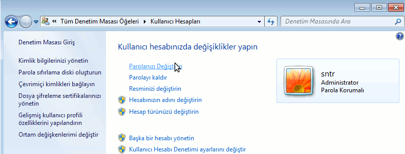 Gelen ilk pencerede parola/kullanıcı adını değiştirmek, parolayı kaldırmak, kullanıcı hesabında görülen resmi değiştirmek