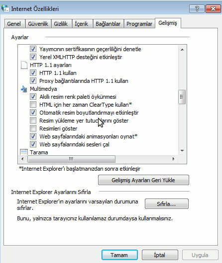 Gelişmiş sekmesinde ise Internet Explorer programının web sayfalarını yorumlamasıyla ilgili ayarlar görülebilir, örneğin Resimleri göster