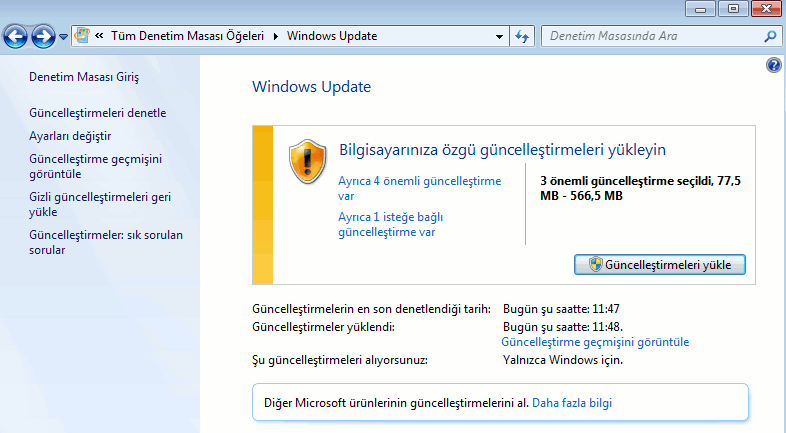 Windows Update Yazılım ve sürücü güncelleştirmelerinin denetlenmesi/yüklenmesi, güncelleştirme sıklığının değiştirilmesi( Ayarları değiştir seçeneği ile güncelleştirmelerin ne