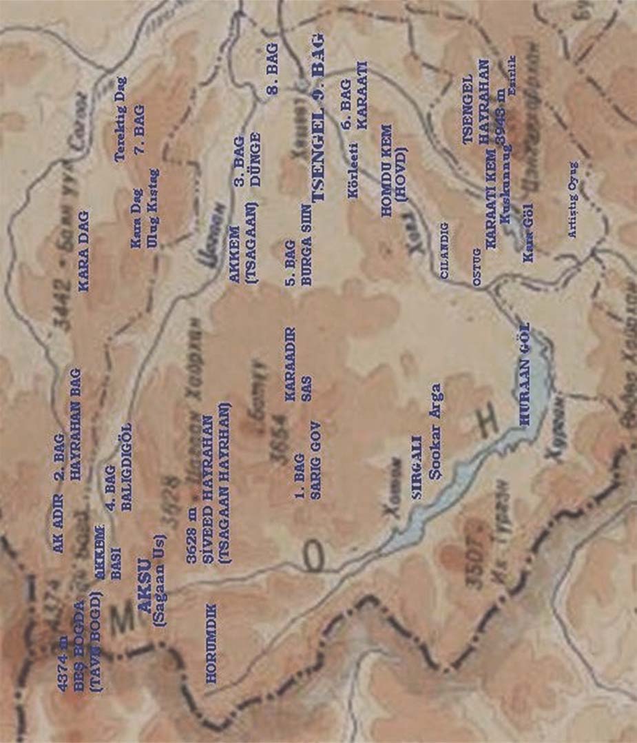 Harita 7 Tsengel Sum ve Tuva sklerinin yaşadıkları bölgeler. 2. ve 4. Baglarda Aksoyanlar, 3. Ve 7. Baglarda Monçaklar, 6.