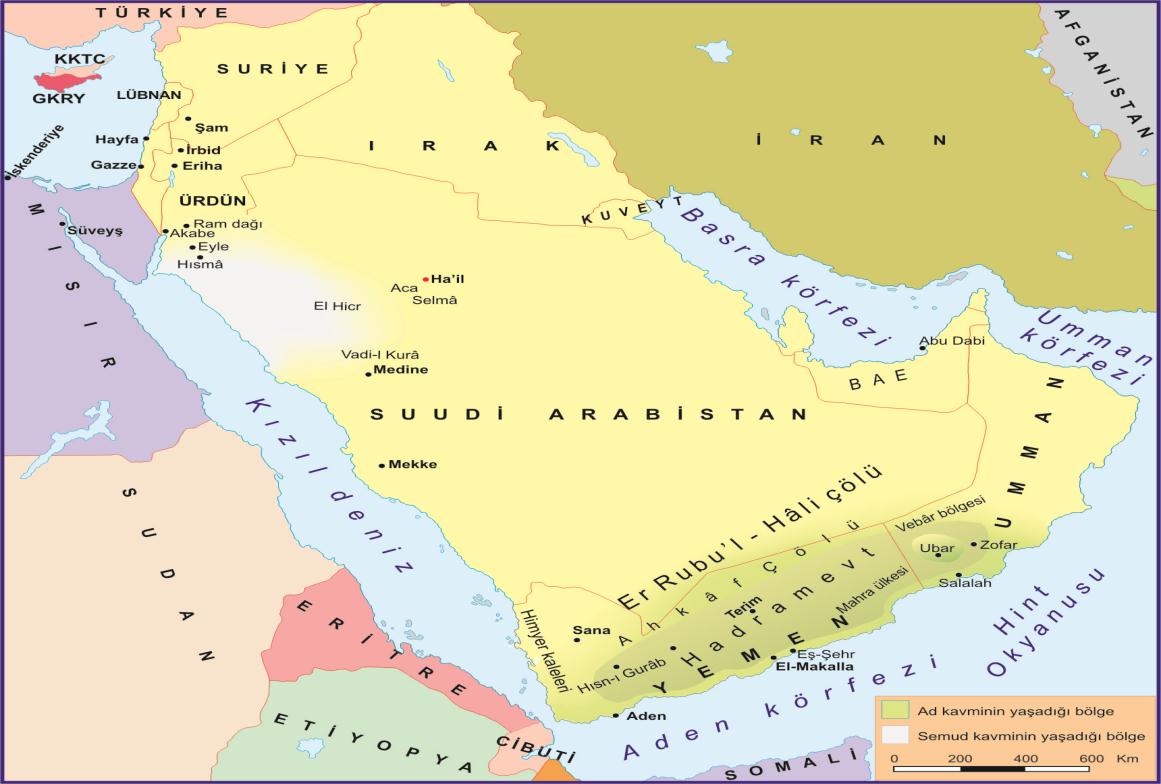 Kur'ân'da Âd Kavmi 115 Harita 1: Âd kavminin yerleşim yeri olan Hadramevt Bütün bunlar gösteriyor ki Ahkâf ın ve bazılarınca o yer ile âdeta örtüştürülerek değerlendirilen Hadramevt in ama özellikle