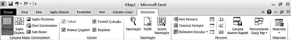 96 Temel Bilgi Teknolojileri-I fiekil 4.38 Görünüm Sekmesi Bu sekmede komutlar, Çal flma Kitab Görünümleri, Göster, Yak nlaflt r, Pencere ve Makrolar olarak gruplanm flt r.