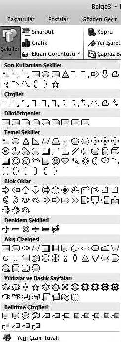 64 Temel Bilgi Teknolojileri-I fiekil 3.20 Ekle sekmesindeki flekil ekleme seçenekleri. Çizimler grubu: Resim, küçük resim, flekil, SmartArt, grafik ve ekran görüntüsü ekleme.