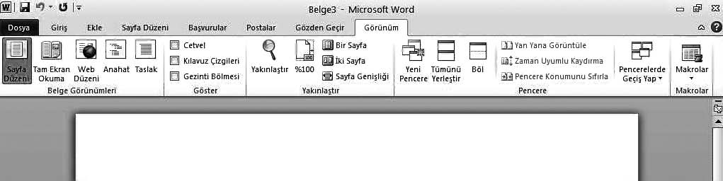 70 Temel Bilgi Teknolojileri-I fiekil 3.29 Görünüm sekmesi.