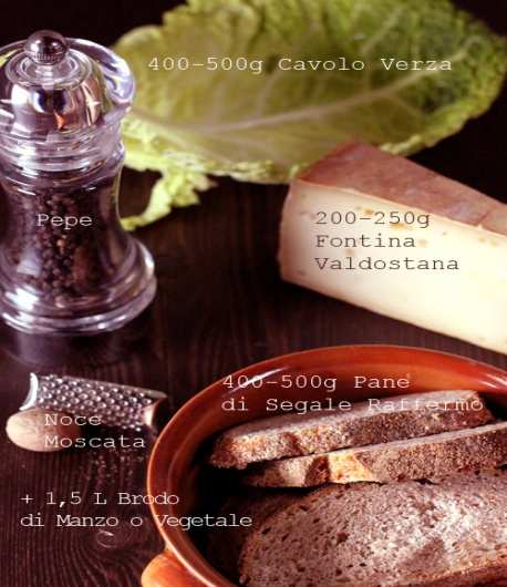 VALPELLINENTZE SOUP from Valle d Aosta Ingredients for 4 servings: ½ lt good beef broth 1/2 white cabbage wholemeal bread or rye bread 400gr fontina cheese Butter as needed This is a typical recipe