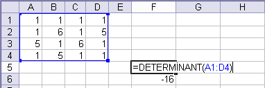 h. DETERMİNANT Bir dizinin determinantını hesaplar. =DETERMİNANT(Dizi) Şekil 4.71: DETERMİNANT İşlevi i.