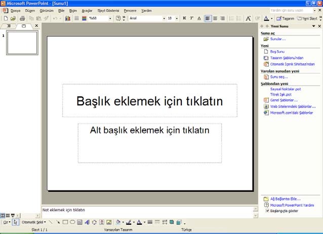 5.2. PROGRAMININ BAŞLATILMASI VE BİR SUNU SAYFASININ AÇILMASI PowerPoint programını başlatmak için görev çubuğundaki Start düğmesi tıklanır. Açılan menüden Programların altından seçilir.