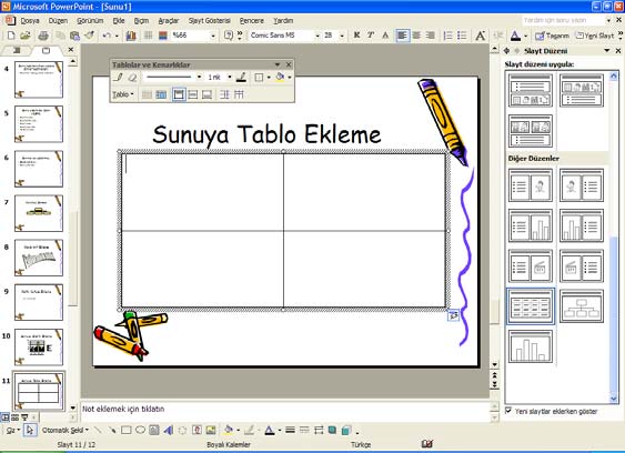 29 ). Şekil 5.29 : Tablo Ekle diyalog kutusu Burada tablonun satır ve sütun sayısı belirlenip Tamam butonuna basılır. Böylece slayt üzerine istenilen satır ve sütun sayısında bir tablo eklenmiş olur.