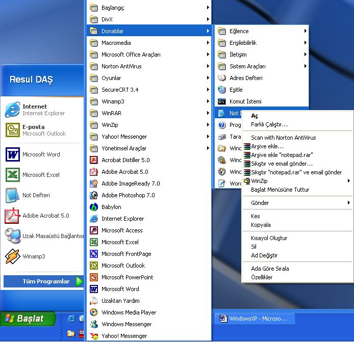 Şekil 2. 19 : Başlat Menüsüne Simge eklemek 2.4.4 Windows XP İşletim Sisteminde Oturum Açma ve Kapatma Sistem üzerinde yapılan işlemler tamamlandığında oturumu ya da bilgisayarı kapatabiliriz.