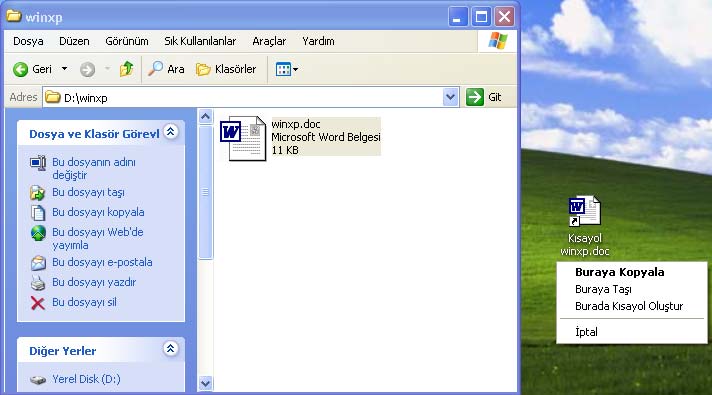 2.5.5. Kısayol Oluşturmak Windows XP de hızlı bir şekilde klasörlere ulaşmak, programları çalıştırmak ve dosyaları açmak amacı ile kısa yollar kullanılır.