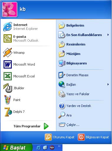 2.6.BAŞLAT MENÜSÜ Başlat menüsü Windows kurulduktan sonra ilk ziyaret edilebilecek kısımların başında gelir. Bu menü içerisinde şekil 2.