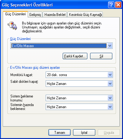 Kullanılan bilgisayarın türüne göre (ev/ofis masası, taşınabilir/dizüstü vb.) ayarlanmış güç düzenleri buradan seçilir.