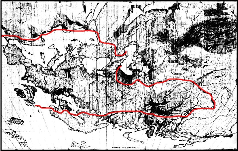 Avrupa nın Sınırları... kuzey enlemi kuzeyinde kalan kısmı Asya'ya terkedilmiş; güneyde kabaca 250 mm.
