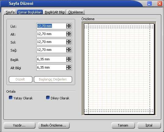 Yazıcıdan alınacak olan dökümün kenar boşlukları tanımlanabilir.