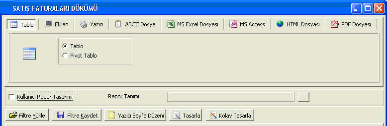 Pivot Tablo Raporları Program içerisinde girilen verilerin Excel gibi bir araç olmadan standart bir şekilde gridin kolon ve satırlarına yerleştirilerek tablo şeklinde alınmasına Tablo Rapor özelliği