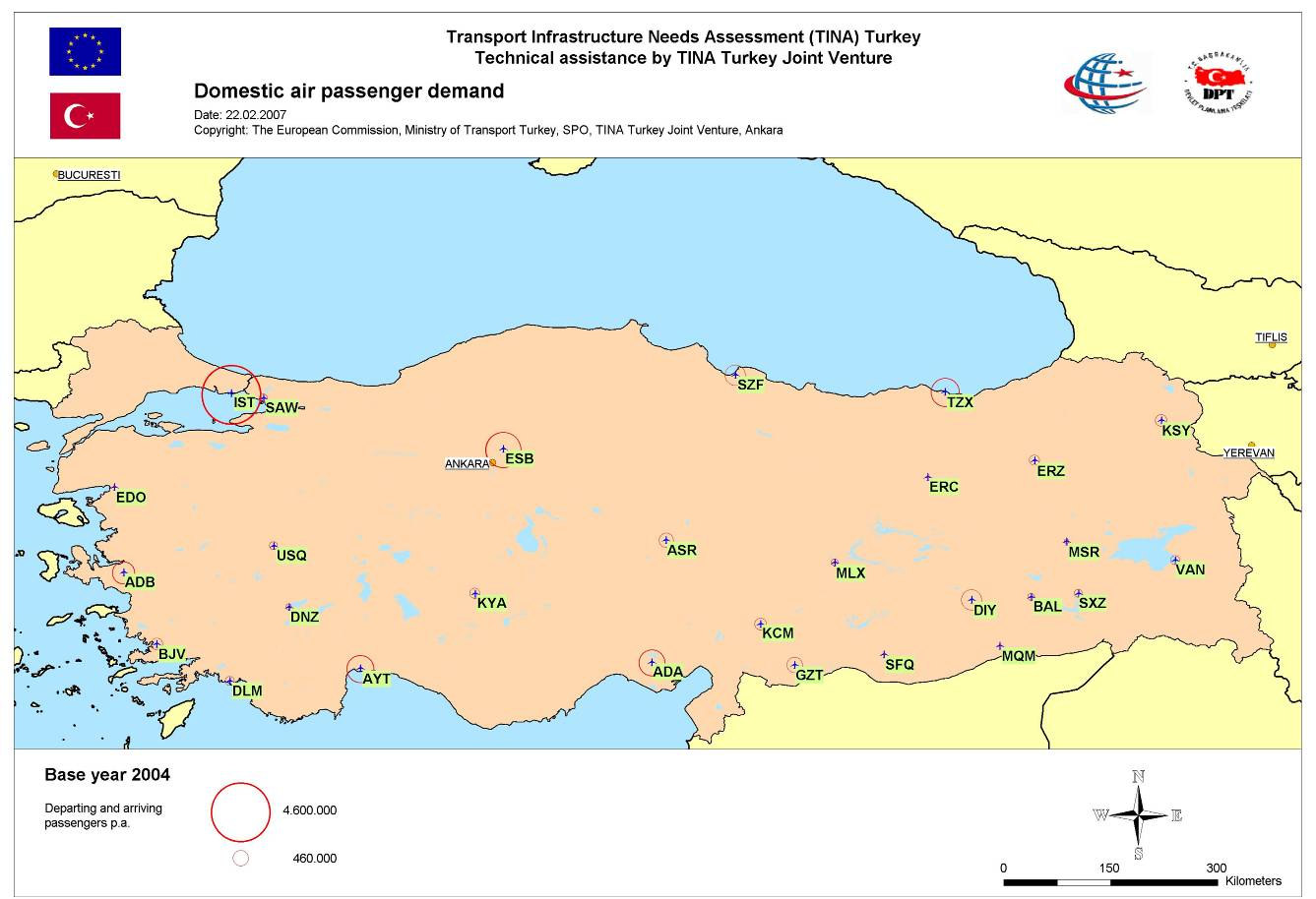 Şekil 3.6: Havaalanlarındaki iç hatlar hava yolu yolcu talebi, baz yılı 2004 2004'de başlıca Türk havaalanlarına gelen ve giden dış hat yolcuların sayısı Şekil 3.7'de gösterilmiştir.