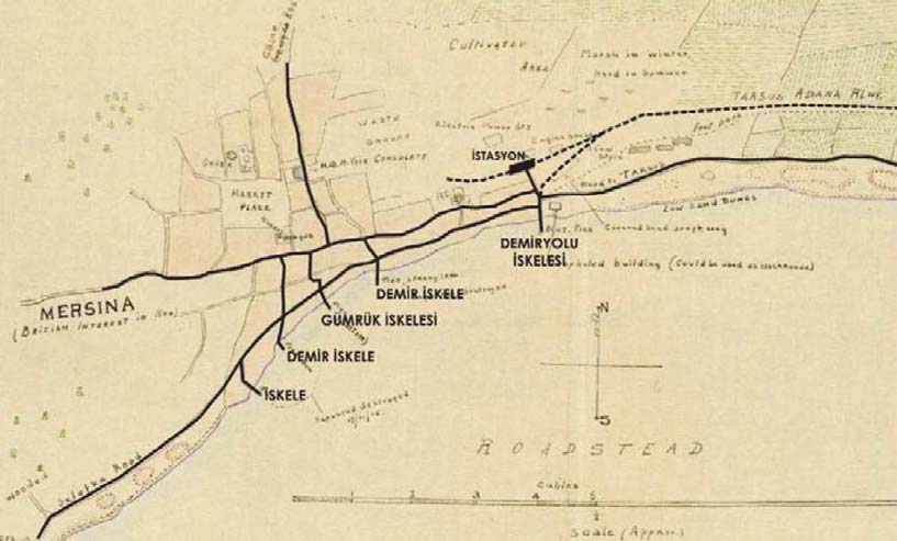 Khanzadian tarafından 1916 yılında hazırlanan Mersin kentinin 1/25000 ölçekli haritasında kentte dört iskele bulunduğu görülmektedir.