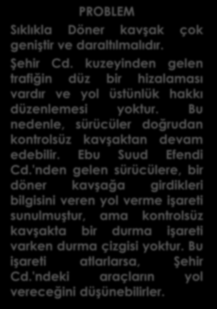 Bu nedenle, sürücüler doğrudan kontrolsüz kavşaktan devam edebilir. Ebu Suud Efendi Cd.