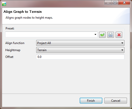 Hizalama işlemi aşağıdaki değişkenlerle kontrol edilir: Align function:grafik düğümlerine uygulanacak olan hizalama fonksiyonu. Project All: Tüm düğümleri terraine hizalar.