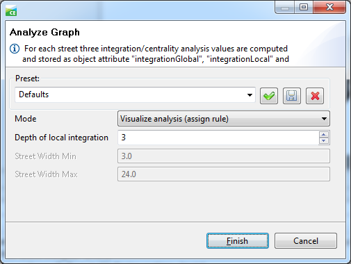 Varsayılan analyze graph ayarları Ayarlar Mode: 3 mod mevcuttur. Calculate analysis only (as object attribute): Her yol için iç analiz değeri hesağlanır.