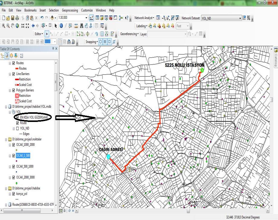 Yol ağının oluşturulması, topolojinin oluşturulması ve ağ analizlerinin yapılması aşamalarında ArcGis 10 nun Network Modülü kullanılmıştır.