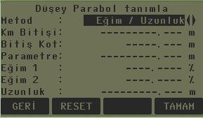 Parabol tanımlarken; Km Başl.: Bir önceki elemnımızın km bitişi. Başl. Kotu:Bir önceki elemanımızın bitiş kotu. Elemanımızı tanımlarız, değer ve parametrelerimizi girmek için sonraki ekrana geçeriz.