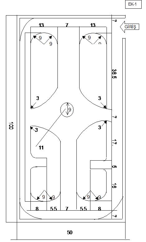 DİREKSİYON EĞİTİM ALANI PLANI NOT: 1- Yol aplikasyonu sonunda adaların boyutları belirlenecek. 2- Yollardan bir kesimde % 5-7 iniş eğim, % 5-7 çıkış eğimi olacak.