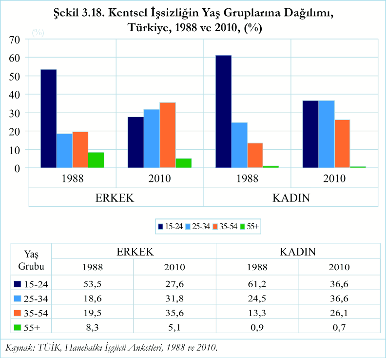 3.5.5. Yaþ ve Ýþsizlik Kentsel iþsizliðin yaþ gruplarýna daðýlýmý erkekler ve kadýnlar için Þekil 3.18'de verilmiþtir.