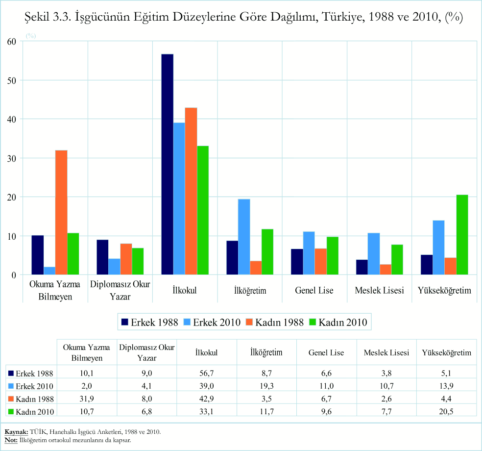 Þekil 3.4, eðitime göre iþgücüne katýlým oranlarýný cinsiyet bazýnda, 1988, 2000 ve 2010 yýllarý için vermektedir. Daha önce deðinilen bazý özellikler bu þekillerde de görülmektedir.