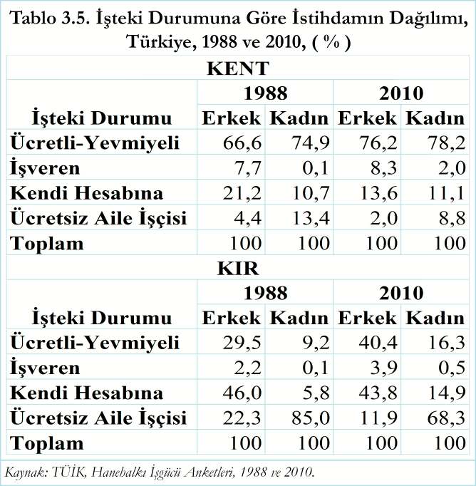 Kýrsal alanlarla ilgili yüzdeler incelendiðinde erkeklerde hem 1988'de hem de 2010'da kendi hesabýna çalýþmanýn kadýnlarda ise ücretsiz aile iþçisi olarak çalýþmanýn yaygýn olduðu görülmektedir.