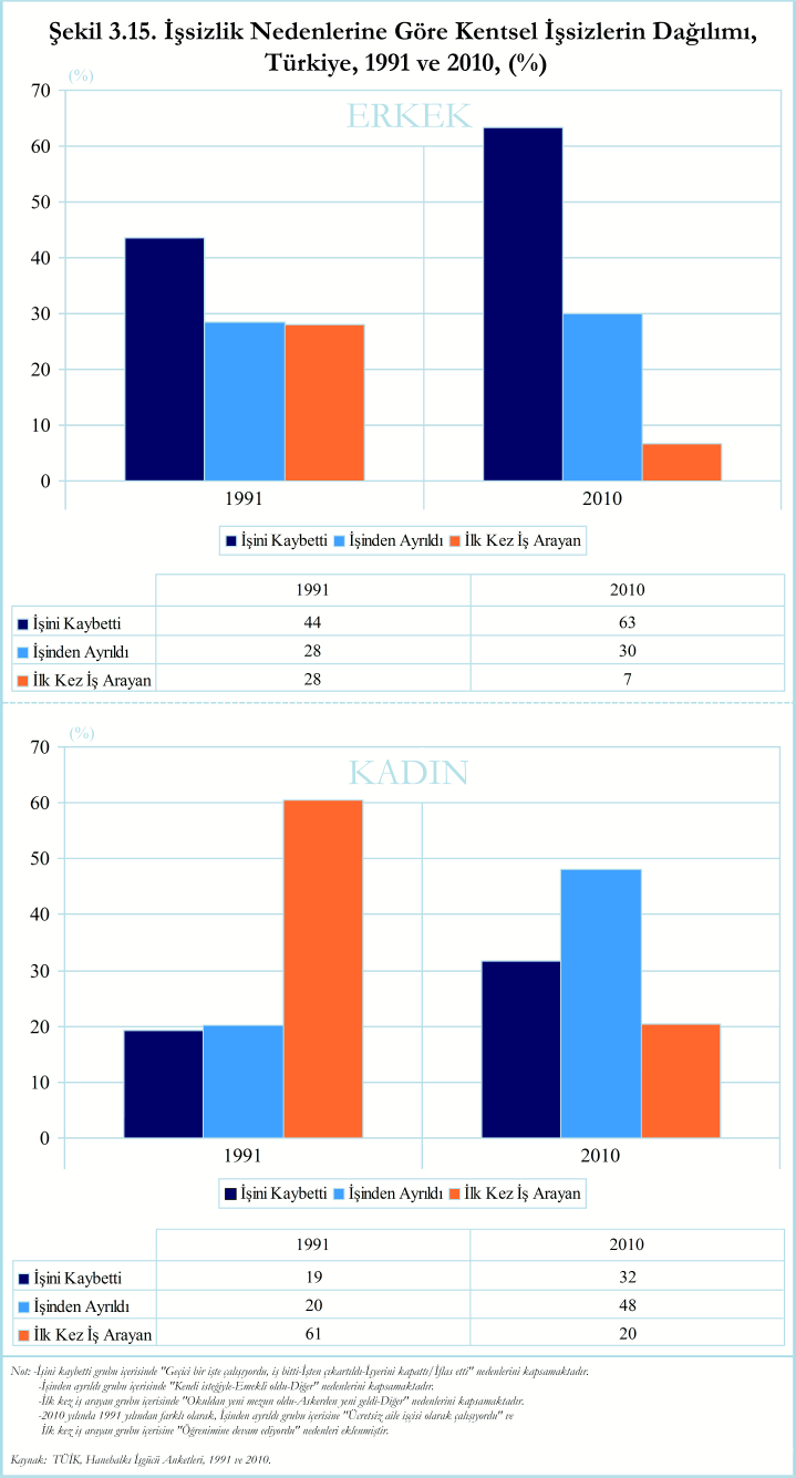 önemli farklar vardýr. Erkekler için, 1991 ve 2010'da iþini kaybedenler en yüksek kategoriyi oluþturmuþtur.