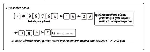 5.6.3 çıkış gecikme süresi ayarı Kullanıcı alarmı kurup bölgeyi terketmesi için ayrılan süredir.