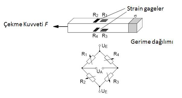 4. ÇEKME DURUMUNDA STRAİN GAGE İLE ÖLÇÜM 4.1. Temel Esaslar Çekme kuvveti F (N)ve kesit alanı A(mm 2 ) alınırsa, çekme gerilmesi ç (N/mm 2 ) aşağıdaki formül ile bulunur. ç (4.