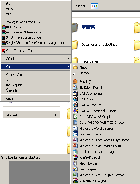 Yeni bir klasör açar Yeni bir word belgesi açar Yeni bir access belgesi açar Yeni