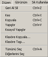 açar Yaptığım işlemi geri al Seçtiğim klasörü kes Seçtiğim klasörü kopyala